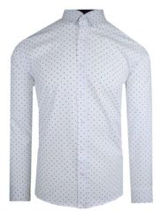 Męska, Taliowana (Slim Fit) Koszula Wizytowa - Rigon - Biała w Kolorowy Groszek. Białe koszule męskie Rigon, m, bez wzorów, z bawełny, biznesowe, bez kołnierzyka, bez ramiączek. Za 129.00 zł.