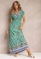Zielona Rozkloszowana Sukienka Maxi z Printem Paisley z Gumką w Pasie Zoenia. Zielone sukienki damskie Renee, na lato, l, bez wzorów, bez kołnierzyka, bez ramiączek, maxi, rozkloszowane. Za 39.99 zł.
