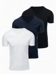 Zestaw męskich t-shirtów bawełnianych V-neck BASIC – czarny/biały/granatowy V1 - Rozmiar: XXL. Białe t-shirty męskie Ombre Clothing, m, bez wzorów, z bawełny, bez kołnierzyka, bez ramiączek. W wyprzedaży za 118.99 zł.