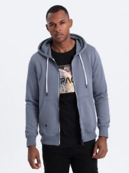 Bluza męska rozpinana z kapturem BASIC - jeansowa V13 B977 - S. Bluzy męskie Ombre Clothing, m, bez wzorów, z bawełny, z kapturem. W wyprzedaży za 49.99 zł.