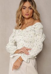 Beżowo-ZIelona Elastyczna Bluzka w Drobne Kwiatki Ozdobiona Falbankami Oirabel. Brązowe bluzki damskie Renee, bez wzorów, bez kołnierzyka, bez ramiączek. Za 49.99 zł.