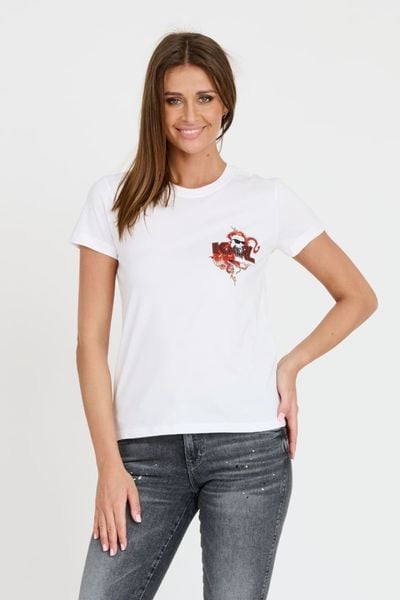 KARL LAGERFELD Biały damski t-shirt ikonik lny, Rozmiar XS. Białe t-shirty damskie KARL LAGERFELD, xs, bez wzorów, bez kołnierzyka, bez ramiączek. W wyprzedaży za 208.99 zł.