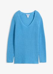 Prążkowany sweter z czystej bawełny. Niebieskie swetry nierozpinane damskie bonprix, bez wzorów, z bawełny, bez kołnierzyka, bez ramiączek. Za 117.99 zł.