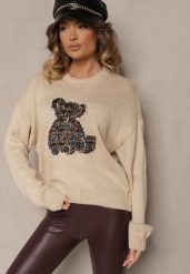 Beżowy Wiskozowy Sweter z Cekinami i Motywem Misia Nyrimi. Brązowe swetry nierozpinane damskie Renee, bez wzorów, z jeansu, casualowe, bez kołnierzyka, bez ramiączek. Za 119.99 zł.
