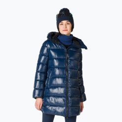 Płaszcz puchowy damski Rossignol Shiny Parka. Niebieskie płaszcze damskie Rossignol, l, bez wzorów, z materiału, eleganckie, bez kołnierzyka, bez kaptura. Za 629.99 zł.