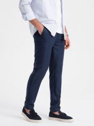 Spodnie męskie klasyczne chino SLIM FIT - granatowe V1 OM-PACP-0182 - XXL. Niebieskie eleganckie spodnie męskie Ombre Clothing, bez wzorów, z poliesteru, klasyczne. Za 143.99 zł.