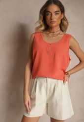 Pomarańczowy Top z Bawełną Ozdobiony Guzikami Ulosiella. Brązowe topy damskie Renee, l, bez wzorów, z bawełny, eleganckie, bez kołnierzyka, bez ramiączek. Za 34.99 zł.