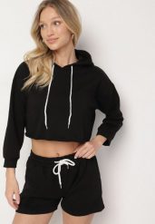 Czarny Komplet Dresowy z Bawełną Bluza z Kapturem Krótszego Kroju i Szorty Ralophea. Czarne bluzy damskie Born2be, m, bez wzorów, z bawełny, klasyczne, bez ramiączek, z kapturem. Za 74.99 zł.