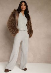 Szare Szerokie Spodnie Dzianinowe Ozdobione Sznurkami Meretusa. Szare spodnie materiałowe damskie Renee, bez wzorów, z dzianiny, biznesowe, z podwyższonym stanem. Za 79.99 zł.