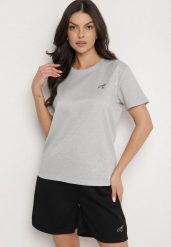 Jasnoszary T-shirt o Klasycznym Kroju z Ozdobnym Haftem Galerrena. Szare t-shirty damskie Born2be, l, bez wzorów, z jeansu, biznesowe, bez kołnierzyka, bez ramiączek. Za 29.99 zł.