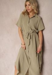 Zielona Koszulowa Sukienka z Wiskozy z Materiałowym Paskiem w Talii Gialara. Zielone sukienki damskie Renee, na co dzień, l, bez wzorów, z materiału, eleganckie, bez kołnierzyka, bez ramiączek, maxi, koszulowe. Za 59.99 zł.