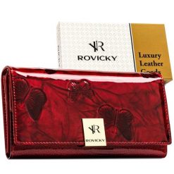 Duży, czerwony portfel damski z lakierowanej skóry naturalnej z systemem RFID Rovicky RH-22-1-DBF. Czerwone portfele damskie ze skóry. Za 84.00 zł.