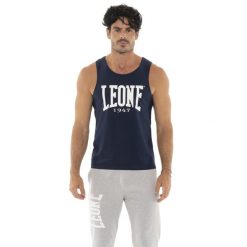 Odzież sportowa z bawełna na co dzień na siłownię. Niebieskia koszulki sportowe męskie LEONE 1947 APPAREL, bez wzorów, z bawełny, bez ramiączek, na fitness i siłownię. W wyprzedaży za 54.73 zł.