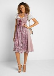 Sukienka w ludowym stylu, z fartuchem (2 części). Czerwone sukienki damskie bonprix, bez wzorów, z żakardem, bez kołnierzyka, bez ramiączek. Za 659.99 zł.