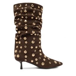 Botki Eva Minge. Brązowe botki damskie Eva Minge, bez wzorów, bez obcasa, na szpilce, bez zapięcia. Za 409.99 zł.