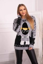 Sweter świąteczny z Mikołajem szary. Szare swetry nierozpinane damskie KESI, l, bez wzorów, z wełny, wizytowe, bez kołnierzyka, plus size, bez ramiączek. Za 125.45 zł.