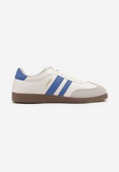 Biało-Niebieskie Płaskie Klasyczne Buty Sportowe Sneakersy ze Sznurowaniem z Ozdobnym Noskiem i Paskami Timaela. Białe buty sportowe męskie Born2be, z aplikacjami, z jeansu, bez zapięcia. Za 119.99 zł.