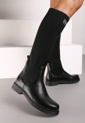 Czarne Płaskie Kozaki z Elastyczną Cholewką Hanine. Czarne kozaki damskie Renee, bez wzorów, z jeansu, bez obcasa, na płaskiej podeszwie, bez zapięcia. Za 159.99 zł.