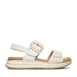 Sandały Remonte. Białe sandały damskie Remonte, bez wzorów, bez obcasa, na płaskiej podeszwie, bez zapięcia. Za 379.99 zł.