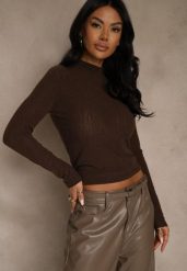 Brązowa Półtransparentna Bluzka Longsleeve ze Stójką z Dodatkiem Wiskozy Tusliana. Brązowe bluzki damskie Renee, l, bez wzorów, z jeansu, bez kołnierzyka, bez ramiączek. Za 89.99 zł.