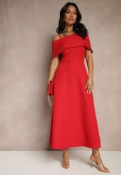 Czerwona Rozkloszowana Sukienka na Ramiączkach z Wywiniętym Dekoltem Jenavitia. Czerwone sukienki damskie Renee, na imprezę, m, bez wzorów, eleganckie, bez kołnierzyka, bez ramiączek, midi, rozkloszowane. Za 99.99 zł.