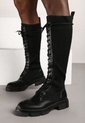 Czarne Sznurowane Kozaki na Płaskiej Podeszwie z Elastyczną Cholewką Annathe. Czarne kozaki damskie Born2be, bez wzorów, z jeansu, bez obcasa, na płaskiej podeszwie, bez zapięcia. Za 84.99 zł.