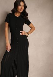 Czarna Wiskozowa Sukienka z Guzikami i Kołnierzykiem Zdobiona Koronką Alanella. Czarne sukienki damskie Renee, na co dzień, z aplikacjami, z koronki, eleganckie, bez kołnierzyka, bez ramiączek, maxi, kopertowe. Za 139.99 zł.
