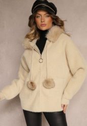 Beżowa Bluza z Wełną Wiskozą Kapturem Odpinanym Futerkiem i Pomponami Delailith. Brązowe bluzy damskie Renee, l, bez wzorów, z jeansu, eleganckie, bez ramiączek. Za 169.99 zł.