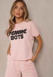 Różowy T-shirt z Nadrukiem Napisu Dezerine. Czerwone t-shirty damskie Renee, l, bez wzorów, z jeansu, klasyczne, bez kołnierzyka, bez ramiączek. Za 34.99 zł.