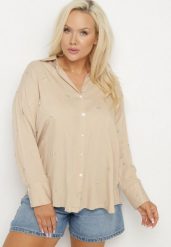Beżowa Koszula z Wiskozą w Drobne Hafty Navellea. Brązowe koszule damskie Born2be, plus size, bez wzorów, z jeansu, eleganckie, bez kołnierzyka, bez ramiączek. Za 84.99 zł.