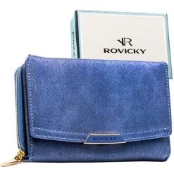 Średni portfel damski ze skóry ekologicznej w granatowym kolorze - Rovicky. Niebieskie portfele damskie ROVICKY, ze skóry ekologicznej. Za 79.99 zł.