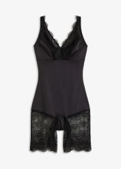 Body o średnim stopniu modelowania sylwetki, z nogawkami. Czarne body bonprix, bez wzorów, z koronki. Za 149.99 zł.