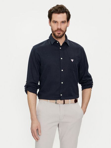 Guess Koszula F4GH00 WG3L0 Granatowy Regular Fit. Niebieskie koszule męskie Guess, l, z aplikacjami, z wiskozy, bez kołnierzyka, bez ramiączek. Za 189.99 zł.