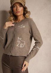Ciemnobeżowy Kardigan z Wełną na Guziki z Haftowanym Wzorem Nelyra. Brązowe kardigany damskie Renee, uniwersalny, bez wzorów, z jeansu, eleganckie, bez kołnierzyka. Za 159.99 zł.
