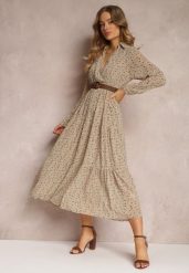 Beżowa Sukienka Rozkloszowana w Kwiaty z Paskiem Rakhila. Brązowe sukienki damskie Renee, na co dzień, l, bez wzorów, eleganckie, bez kołnierzyka, bez ramiączek, maxi, rozkloszowane. Za 119.99 zł.
