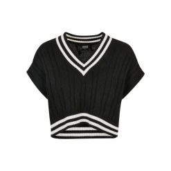 Damski krótki sweter z dzianiny Urban Classics College. Czarne swetry nierozpinane damskie Urban Classics, na zimę, bez wzorów, z dzianiny, bez kołnierzyka, bez ramiączek. Za 198.50 zł.