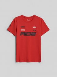 4F T-shirt slim z nadrukiem męski - czerwony M. Czerwone t-shirty męskie 4F, m, bez wzorów, z bawełny, bez kołnierzyka, bez ramiączek. Za 79.99 zł.