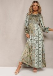 Zielona Sukienka Maxi Boho z Bufiastym Rękawem i Rozkloszowanym Dołem Veltiana. Zielone sukienki damskie Renee, na co dzień, l, bez wzorów, z materiału, boho, bez kołnierzyka, bez ramiączek, maxi, kopertowe. Za 129.99 zł.