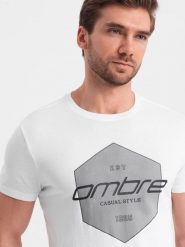 T-shirt męski bawełniany z nadrukiem geometrycznym i logotypem - biały V1. Białe t-shirty męskie Ombre Clothing, m, bez wzorów, z bawełny, bez kołnierzyka, bez ramiączek. W wyprzedaży za 19.99 zł.
