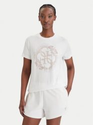 Guess T-Shirt E6GI01 K68D2 Biały Regular Fit. Białe t-shirty damskie Guess, xs, z aplikacjami, z wiskozy, bez kołnierzyka, bez ramiączek. Za 189.99 zł.