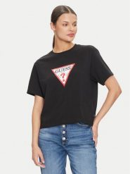 Guess Jeans T-Shirt W4YI73 K8HM0 Czarny Regular Fit. Czarne t-shirty damskie Guess Jeans, xl, z aplikacjami, z bawełny, bez kołnierzyka, bez ramiączek. Za 99.99 zł.