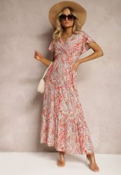 Czerwona Sukienka Boho z Metaliczną Nicią Kopertowym Dekoltem i Gumką w Talii Dilaria. Czerwone sukienki damskie Renee, na lato, m, bez wzorów, z materiału, boho, bez kołnierzyka, bez ramiączek, maxi, kopertowe. Za 54.99 zł.