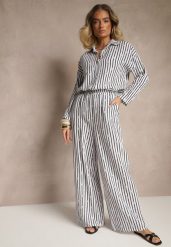 Biało-Czarne Szerokie Spodnie High Waist z Bawełny z Gumką w Talii Ranivaria. Czarne spodnie materiałowe damskie Renee, na lato, bez wzorów, z bawełny, eleganckie, z podwyższonym stanem. Za 74.99 zł.