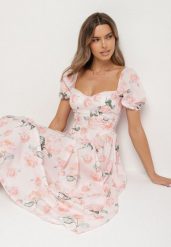 Różowa Rozkloszowana Sukienka z Bufkami w Kwiatowy Wzór Melaphine. Czerwone sukienki damskie Born2be, na spotkanie biznesowe, na lato, m, bez wzorów, eleganckie, bez kołnierzyka, bez ramiączek, midi, rozkloszowane. Za 159.99 zł.