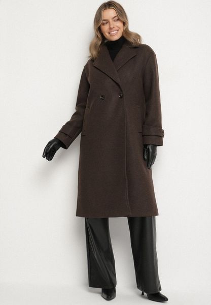 Brązowy Dwurzędowy Płaszcz Oversize z Wełny i Wiskozy w Eleganckim Stylu Tiliavia. Brązowe płaszcze damskie Born2be, m, z aplikacjami, z dzianiny, eleganckie, bez kołnierzyka, bez kaptura. Za 269.99 zł.