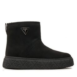 Botki Guess. Czarne botki damskie Guess, z aplikacjami, bez obcasa, na płaskiej podeszwie, bez zapięcia. Za 589.99 zł.