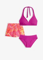 Bikini z ramiączkami łączonymi z tyłu na szyi + dolna część stroju (3 części). Fioletowe bikini bonprix, bez wzorów. Za 149.99 zł.