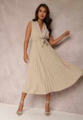 Beżowa Sukienka Volantis. Brązowe sukienki damskie Renee, na wesele, bez wzorów, eleganckie, bez kołnierzyka, bez ramiączek, maxi, kopertowe. Za 74.99 zł.