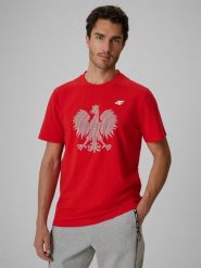 4F Koszulka kibica męska - czerwona S. Czerwone koszulki sportowe męskie 4F, m, bez wzorów, z dzianiny, bez kołnierzyka, bez ramiączek. Za 79.99 zł.