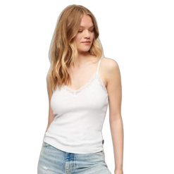 Damski prążkowany podkoszulek z bawełny organicznej z koronkowym wykończeniem Su. Białe bielizna sportowa damska Superdry, bez wzorów, z bawełny. Za 102.20 zł.